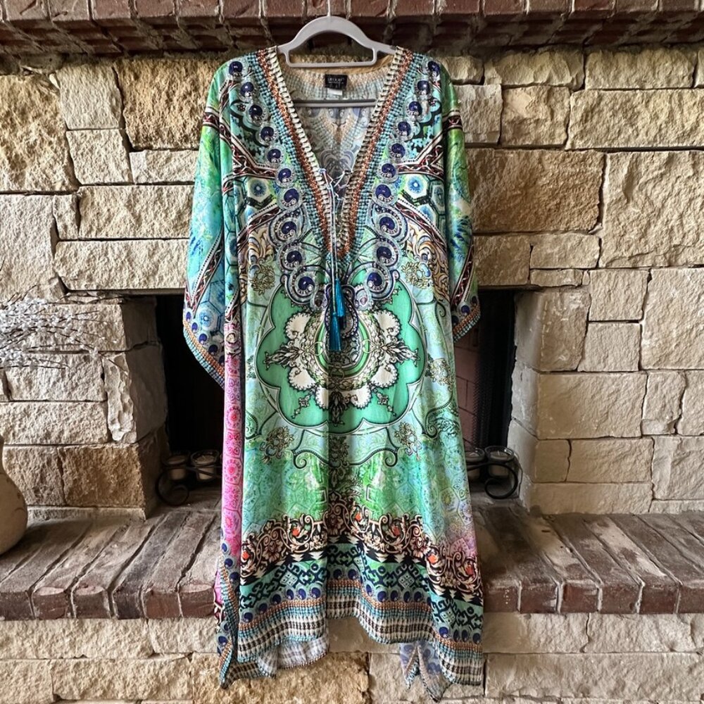 Sakkas Kristy Long Tall Lightweight Caftan Dress/Cover Up w/V-Neck Jewels